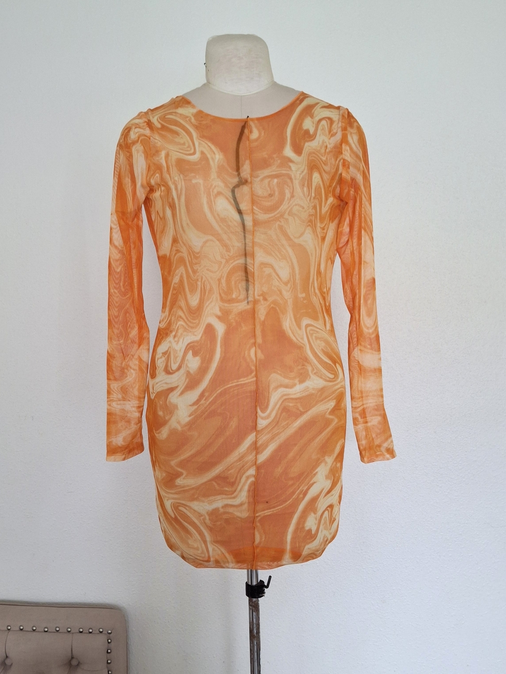NWT Naked Wardrobe Swim Sheer Mesh Mini Cover Up Dress Marble Swirl Orange XL